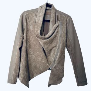 Anthropologie BlankNYC Faux Suede Leather Drapre Tan Moto Jacket XS Asymmetric